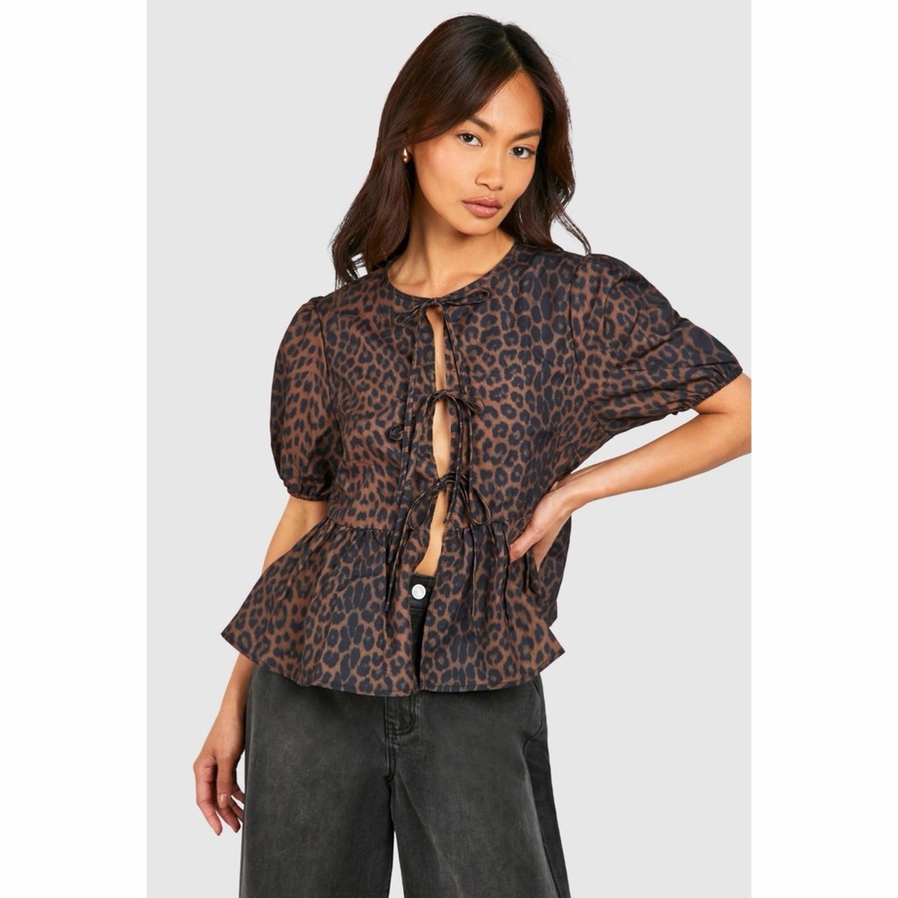 Leopard Print Peplum Bow Tie Top